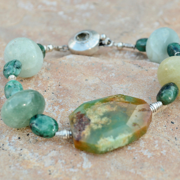 Aquamarine Chrysoprase Emerald Sterling Bracelet - Picture 7 of 8